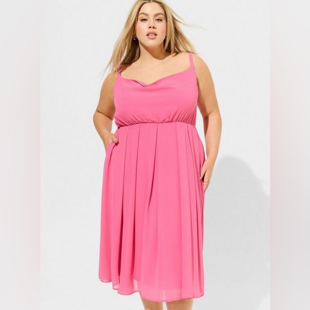 Torrid Maxi Chiffon Cowl Neck Pleated Dress in Pink Gin Fizz